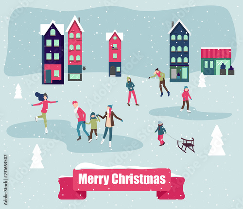 Merry Christmas greeting card with people skating on the ice rink.
