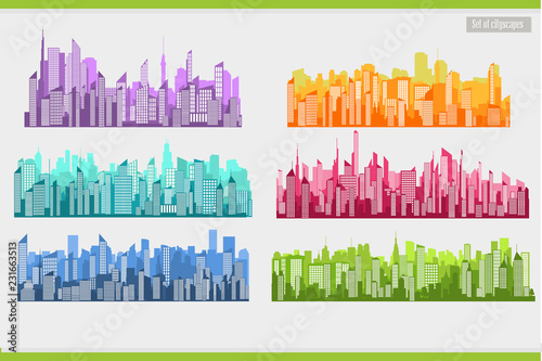 Collection of city landscapes on a light background.