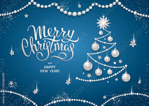 Merry Christmas greeting card or banner template with Handwritten lettering on a blue background. Decorative Christmas tree with realistic silver glass balls, stars and sequins. Vector illustration