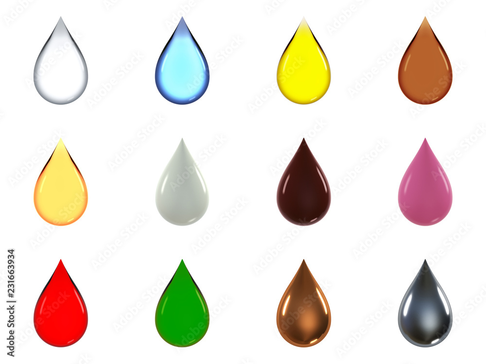 Liquid drops collection set of water, oil, honey, tea, white milk cream, brown chocolate, pink strawberry cream, red blood, green, gold, chrome silver. isolated on white background, 3d illustration. Liquid drops collection set of water, oil, honey, tea, white milk cream, brown chocolate, pink strawberry cream, red blood, green, gold, chrome silver. isolated on white background, 3d illustration.