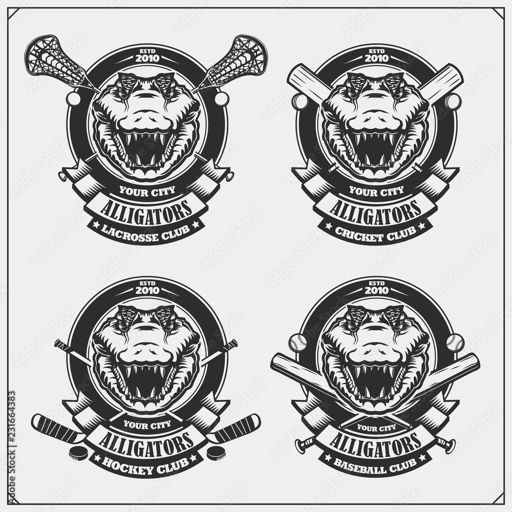 Cricket, baseball, lacrosse and hockey logos and labels. Sport club emblems with crocodiles