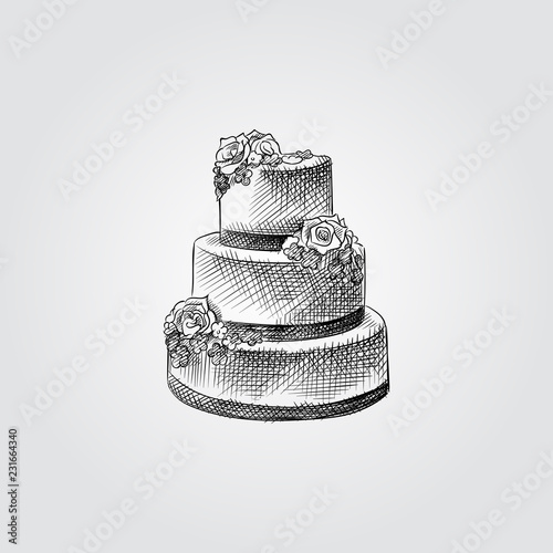 Hand Drawn wedding cake with floral decoration Sketch Symbol isolated on white background. Vector of Wedding elements In Trendy Style.