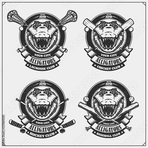 Cricket, baseball, lacrosse and hockey logos and labels. Sport club emblems with crocodiles.