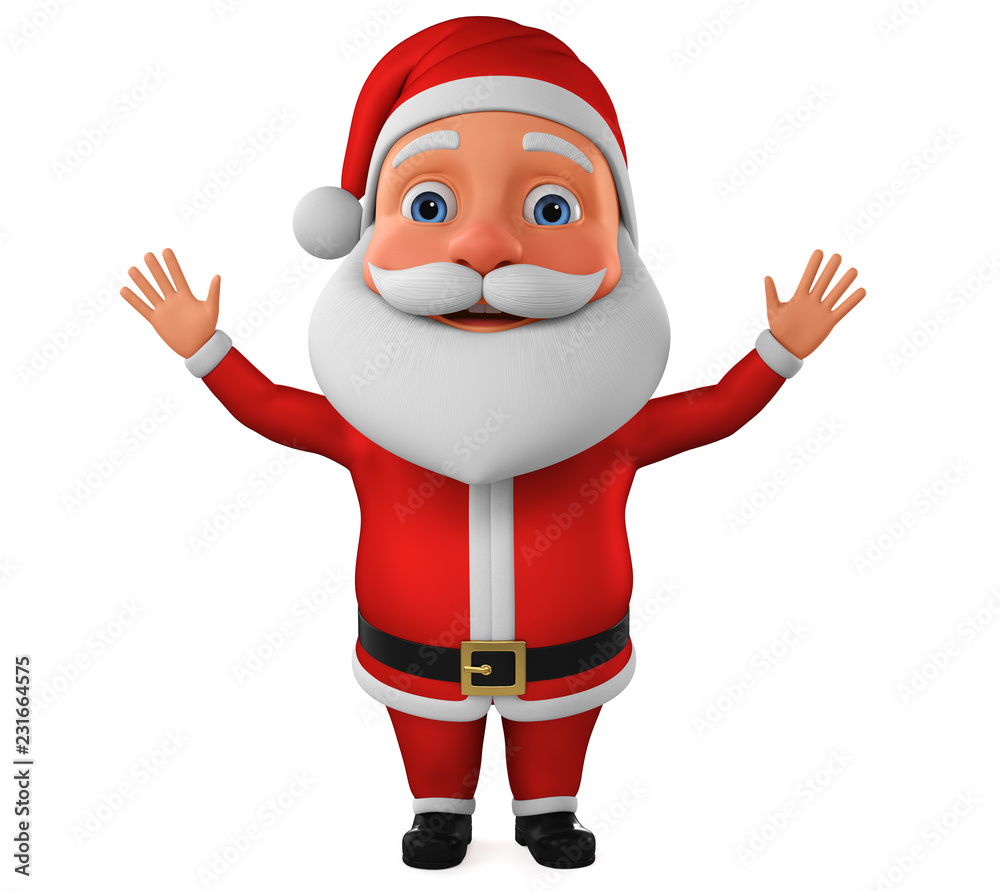 Little Santa Claus with a raised hand in greeting. 3d rendering. Illustration for advertising. Little Santa Claus with a raised hand in greeting. 3d rendering. Illustration for advertising.