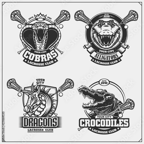 Set of lacrosse emblems, badges, logos and labels with cobra, crocodile and dragon.