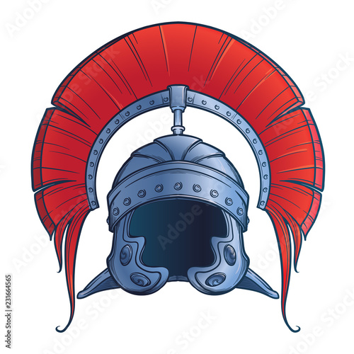 Galea. Roman Imperial helmet with crest tipically worn by centurion. Front view. Heraldry element. Painted sketch isolated on white background. EPS10 vector illustration