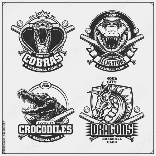 Baseball badges, labels and design elements. Sport club emblems with cobra, crocodile and dragon.