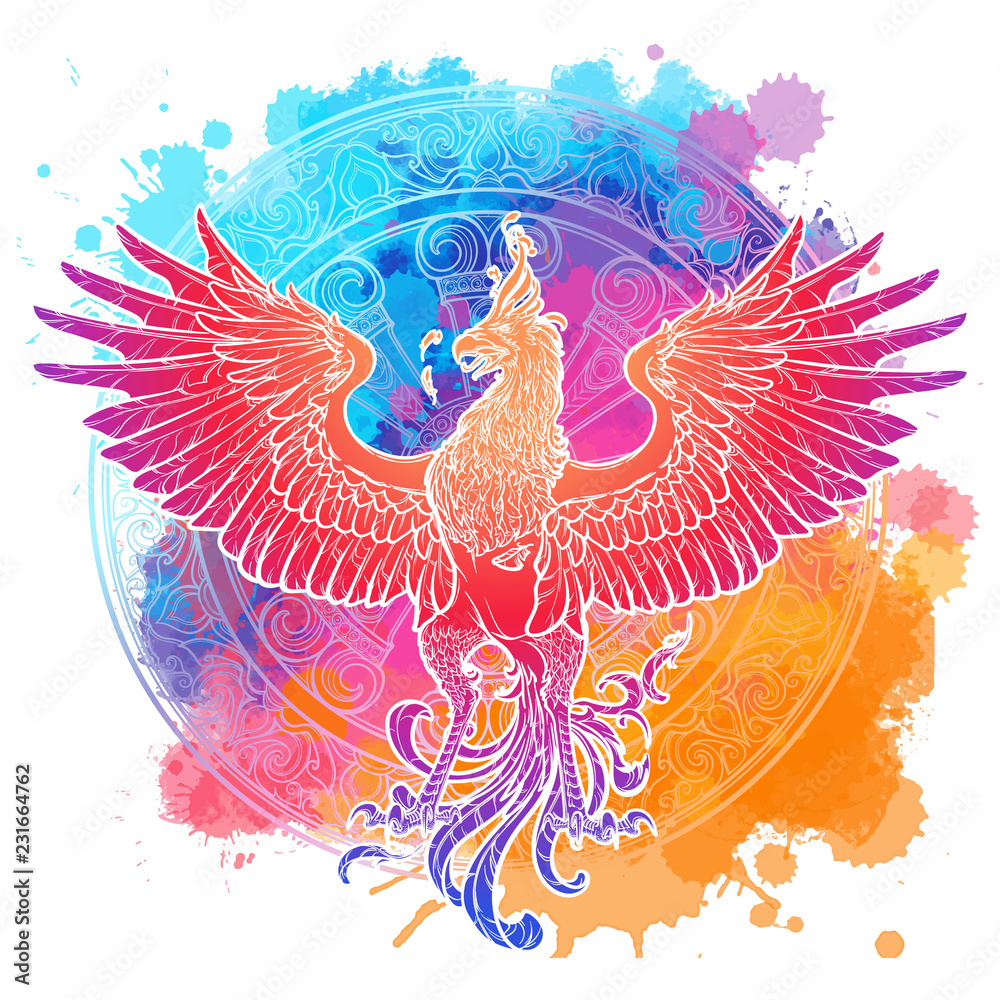 Mythycal bird Phoenix. Samsara wheel on a background. Sycle of life and death, symbol of rebirth. Tattoo, textile, poster design. Sketch isolated on textured watercolor background. EPS10 vector.