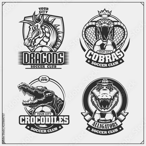 Set of soccer emblems, badges, logos and labels with cobra, crocodile and dragon.