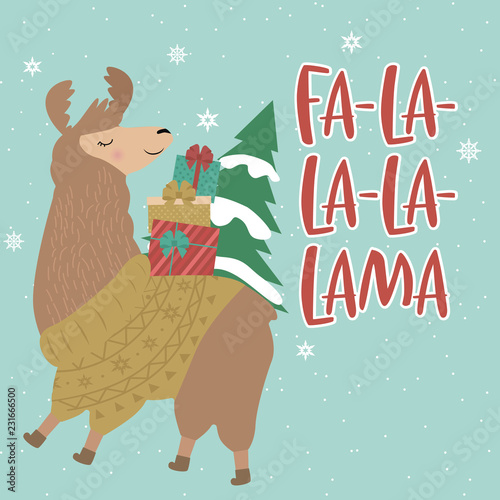 Merry Christmas greeting card with fun llama. Editable vector illustration