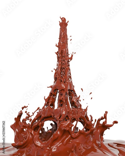 Liquid splash of chocolate cream flavor in eiffel tower paris form, isolated on white background, creative design drink concept, 3d rendering illustration