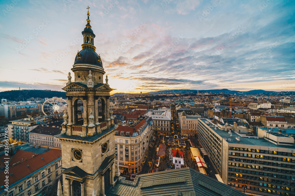 Fototapeta premium Budapest as seen from the St Stephen Basilica tower with christmas market in front of the church