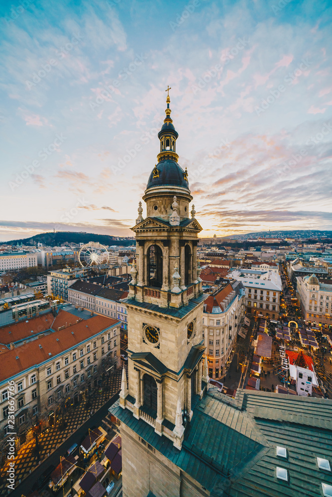 Budapest as seen from the St Stephen Basilica tower with christmas market in front of the church