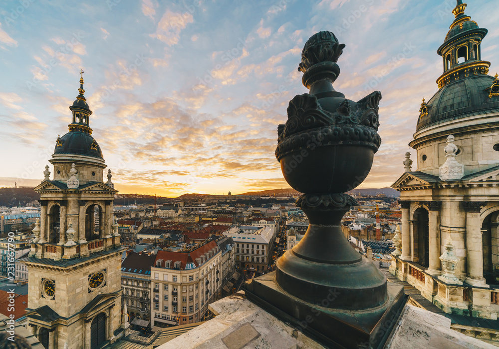 Fototapeta premium Sunset over Budapest seen from the Saint Stephen Basilica tower