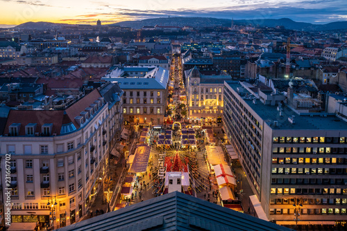 Christmas market in Budapest in Saint Stephen square aerial view