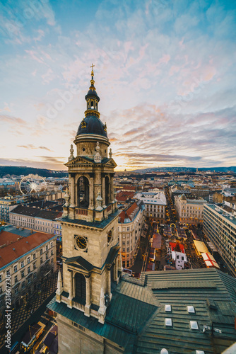 Budapest as seen from the St Stephen Basilica tower with christmas market in front of the church © Calin Stan