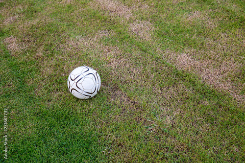 Old ball on the artificial turf at the stadium. view of green striped football field with soccer ball.