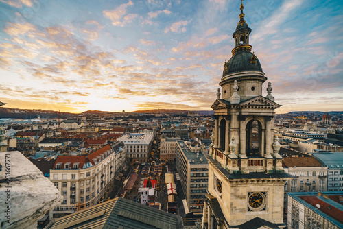 Sunset over Budapest seen from the Saint Stephen Basilica tower