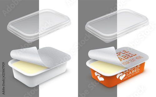 Vector labeled open rectangular plastic container with foil and transparent lid. Packaging mockup illustration.