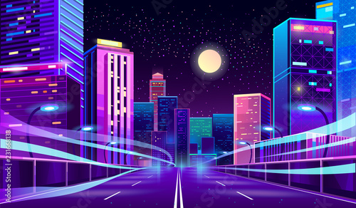Vector empty road in modern megapolis at night. Trails on asphalt way in glowing city, motion on highway. Urban skyscrapers in neon colors, town exterior, architecture background. Cityscape concept.