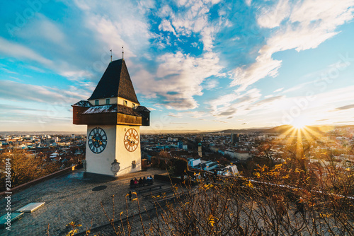 Graz city panorama at sunset from the top of Schlossberg hill photo