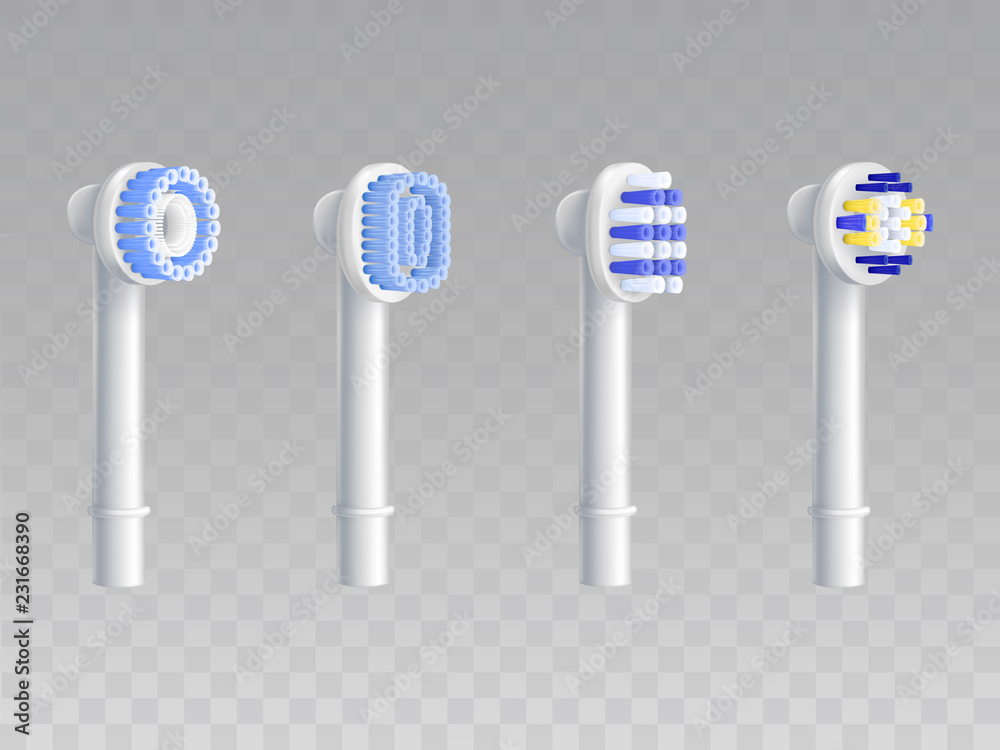 Vector 3d realistic set of removable nozzles for toothbrushes. Different types of fiber setae, bristles for hygiene product. Dentist equipment, modern electric technology. Oral cleaning, prophylaxis.