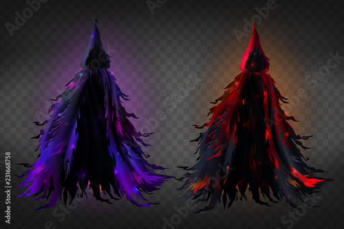 Vector realistic witch costume with hood, black ragged cape with red and purple glow for Halloween party isolated on transparent background. Scary dress for masquerade, magic tattered warlock clothes