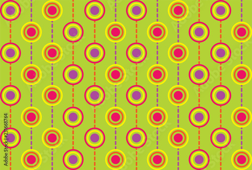 Seamless repeating background of multicolored circles and dashed lines