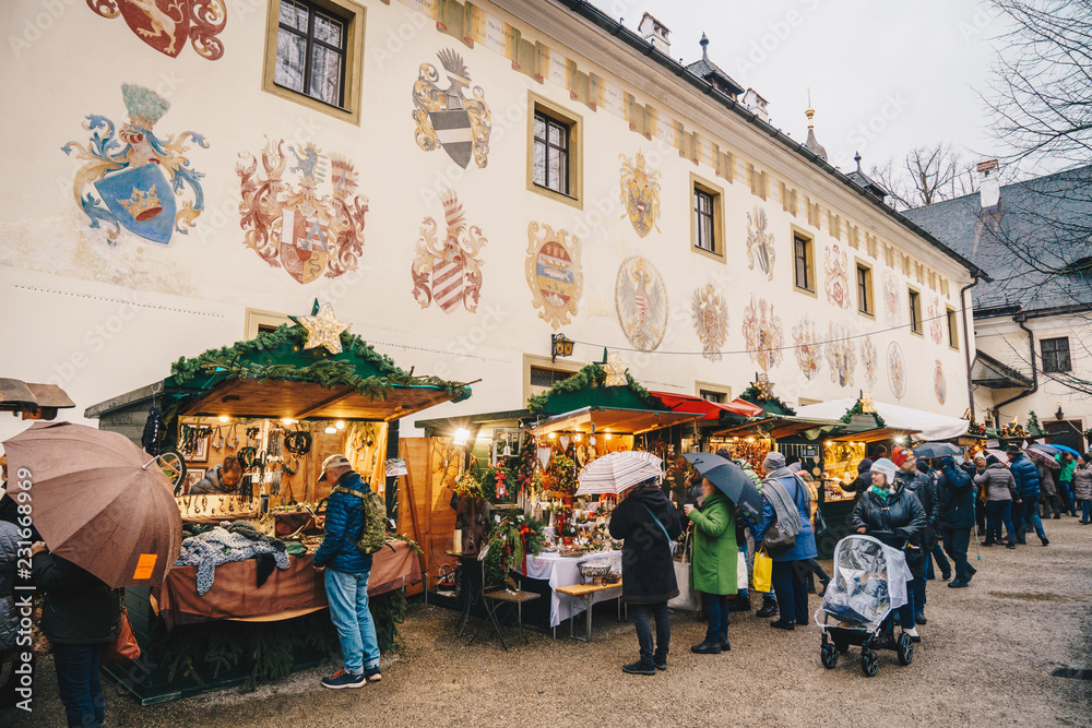 Fototapeta premium Gmunden Schloss Ort or Schloss Orth Christmas Market inside the Castle