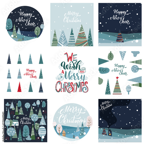 Merry Christmas and Happy New Year Postcards Set. Hand drawn lettering. Winter forest. Elements for greeting card, poster, banners. T-shirt, notebook and sticker design photo