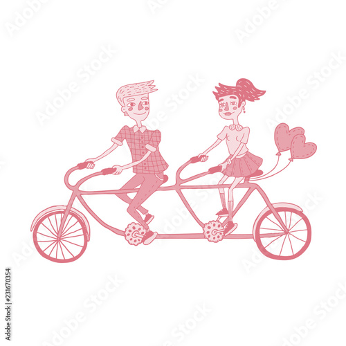 Happy young couple riding tandem bicycle. Valentine's Day illustration. Red and pink colors