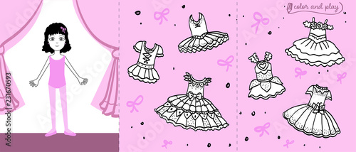 Little ballet dancer on stage. Colored paper doll in cartoon style with ballet tutus. Color or stick, cut and play. Page design template. Vector illustration for children book