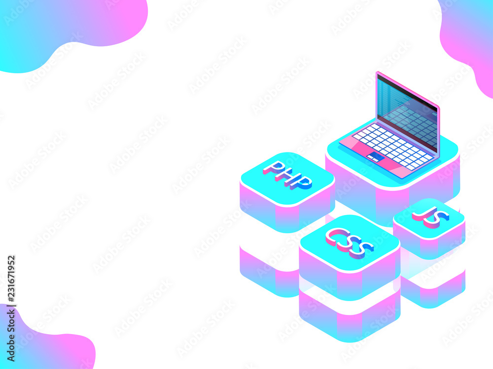 Isometric illustration of laptop with different coding languages on abstract white background. Isometric illustration of laptop with different coding languages on abstract white background.
