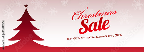Website header or banner design with red xmas tree on snowflake background, flat 60% with extra 20% discount offer for Merry Christmas celebration.