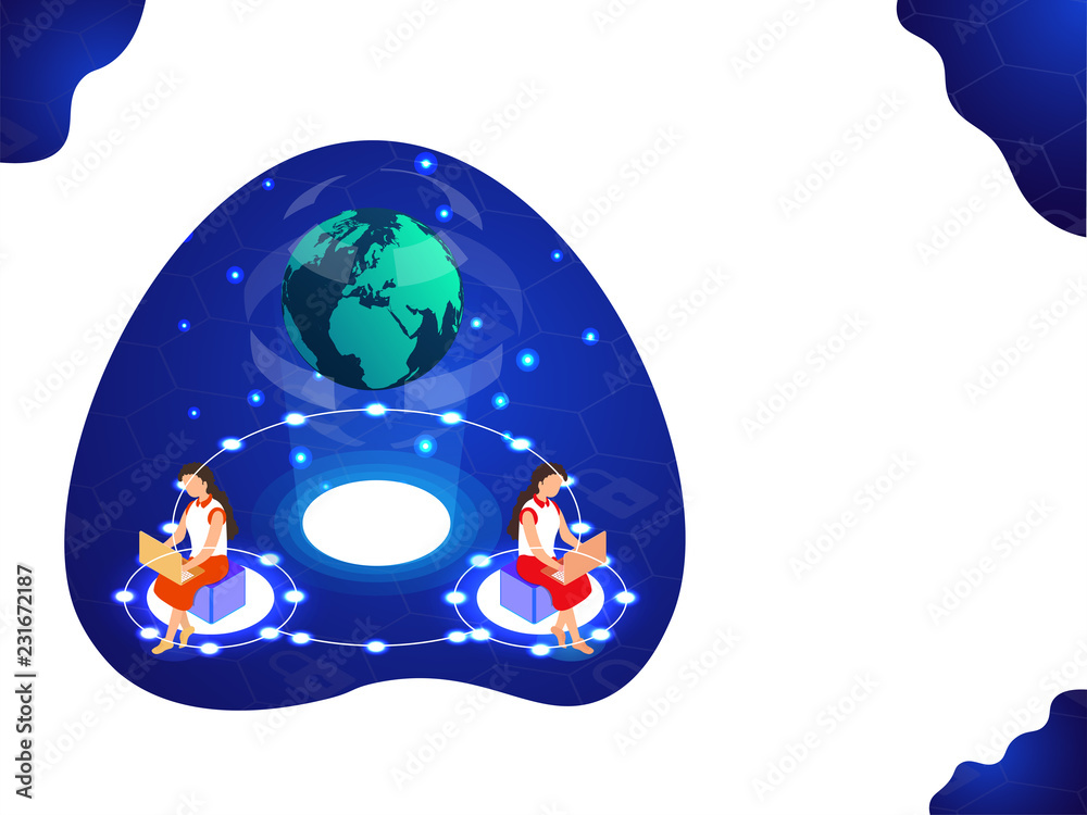 Global data management concept based isometric design with illustration of glowing data sharing network and earth globe on abstract white background.
