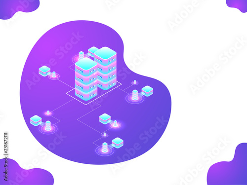 Big data center connected to small data network on glossy purple background, isometric design for Data sharing and technology.