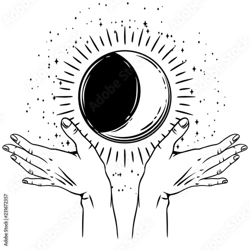 Open hands with vintage moon.