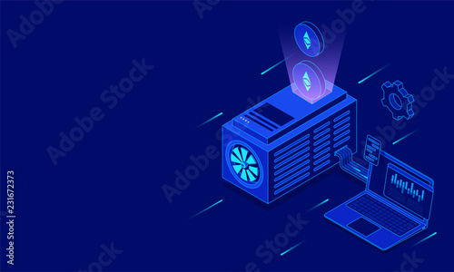 Crypto mining concept, illustration of crypto server connected to laptop on shiny blue background with space for your text.