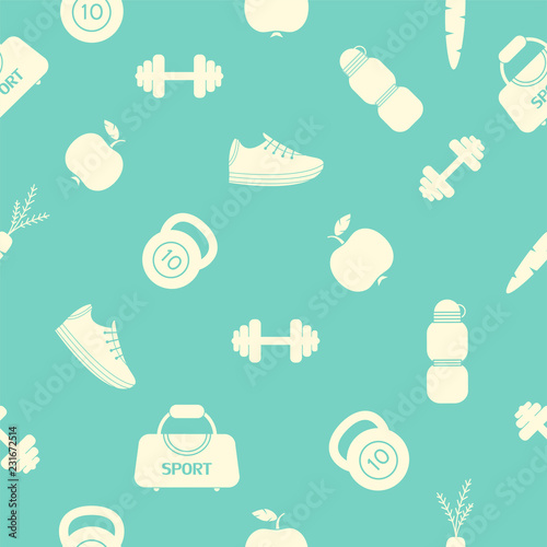 Sport equipment seamless pattern. Fitness theme. Vector illustration, background, wallpaper.