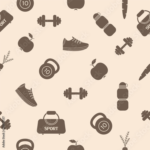 Sport equipment seamless pattern. Fitness theme. Vector illustration, background, wallpaper.