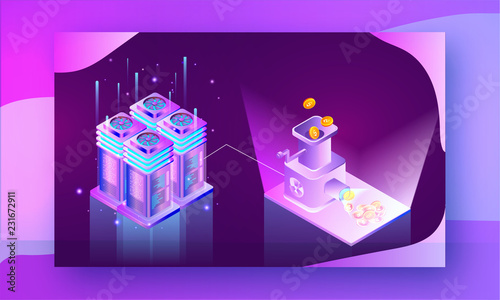 Illustration of crypto coins exchange machine connected with crypto servers on shiny abstract background.