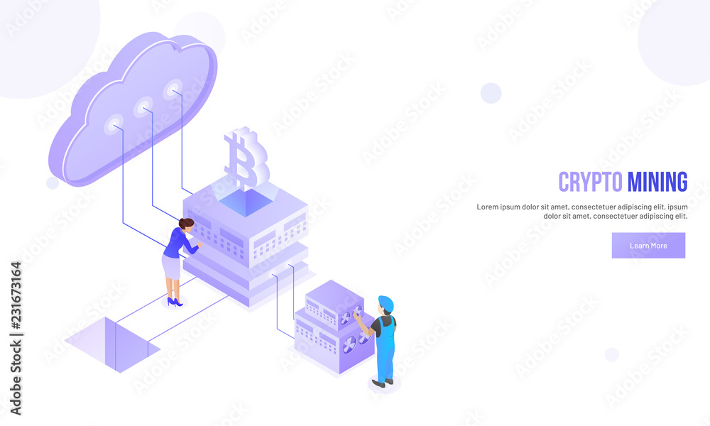 Crypto Mining concept based isometric design, miniature people working, bitcoin server connected cloud server on abstract white background. Crypto Mining concept based isometric design, miniature people working, bitcoin server connected cloud server on abstract white background.