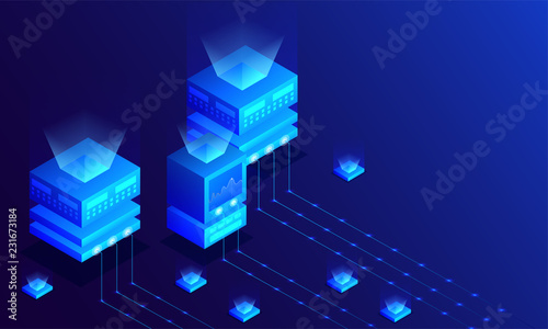 Big data server connected to multiple local servers, monitor analysis stats on glossy blue background. Isometric design for Data Center or management concept.