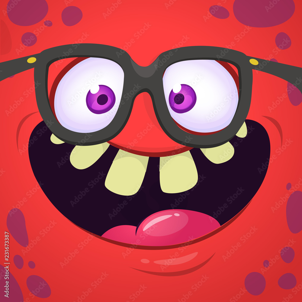 Funny cartoon monster face with eyeglasses. Vector Halloween monster square avatar