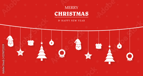 Vintage card with Christmas elements. Christmas ornaments hanging rope red. Vector illustration photo