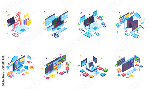 Programming and Coding technology equipments set on white background.