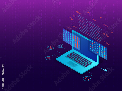 Coding and programming concept, isometric illustration of laptop with multiple programing screens on matrix coding background.