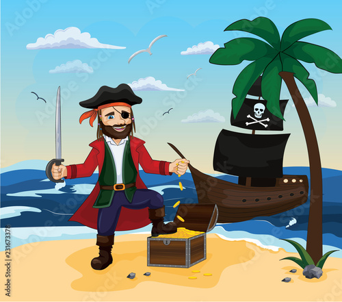 A pirate is standing at  chest with gold against the background of a pirate ship with black sails and a skull. Pirate treasure. Pirates of the Caribbean. Children illustration. Used for banner, poste