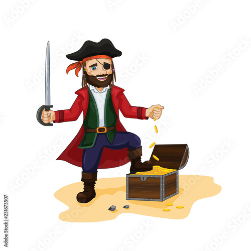 A pirate stands at the chest with gold. Pirate treasure. Funny cartoon character. Children's illustration.