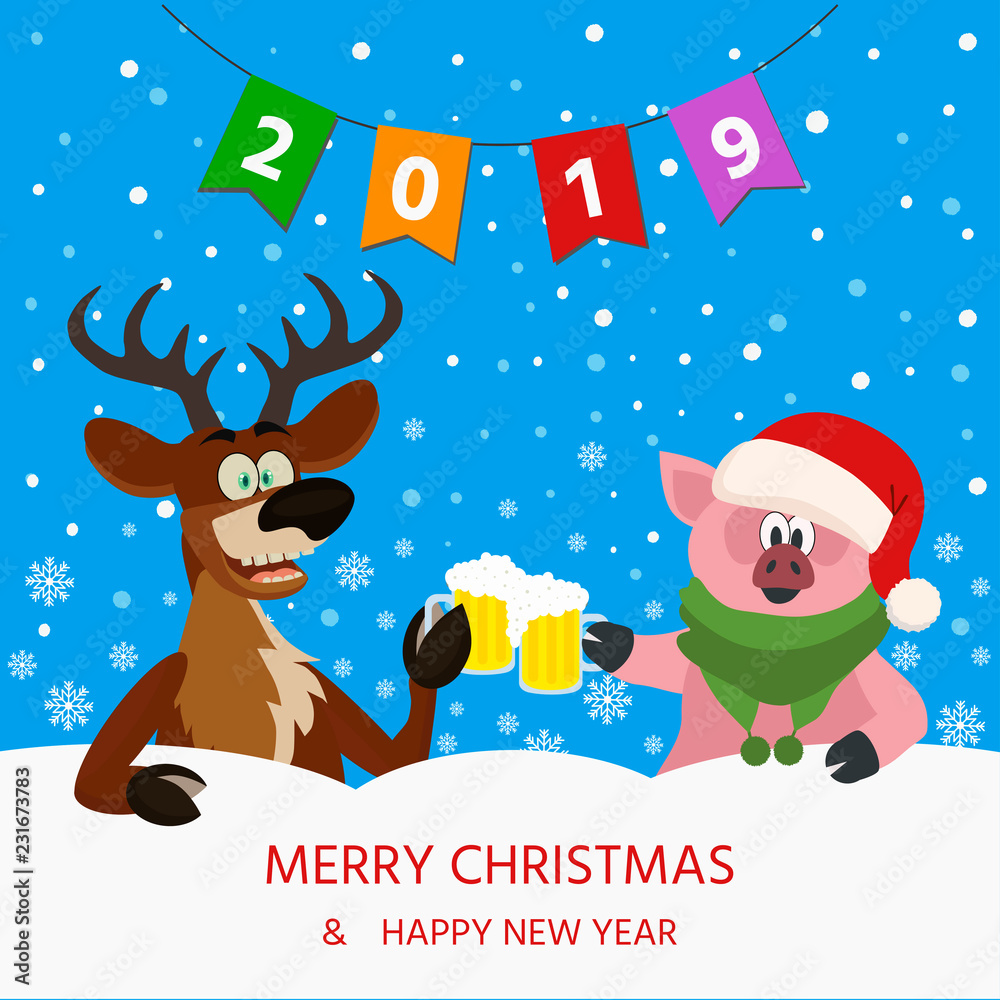 Merry Christmas and a Happy New Year 2019. Cute Christmas pig and reindeer with  beer. Vector illustration can use for banner, presents, interior design.